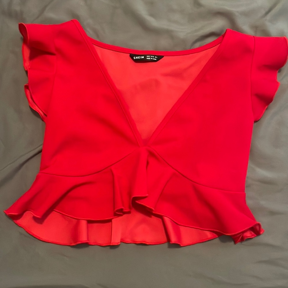 Shein red cropped ruffled top (cleavage will be shown)